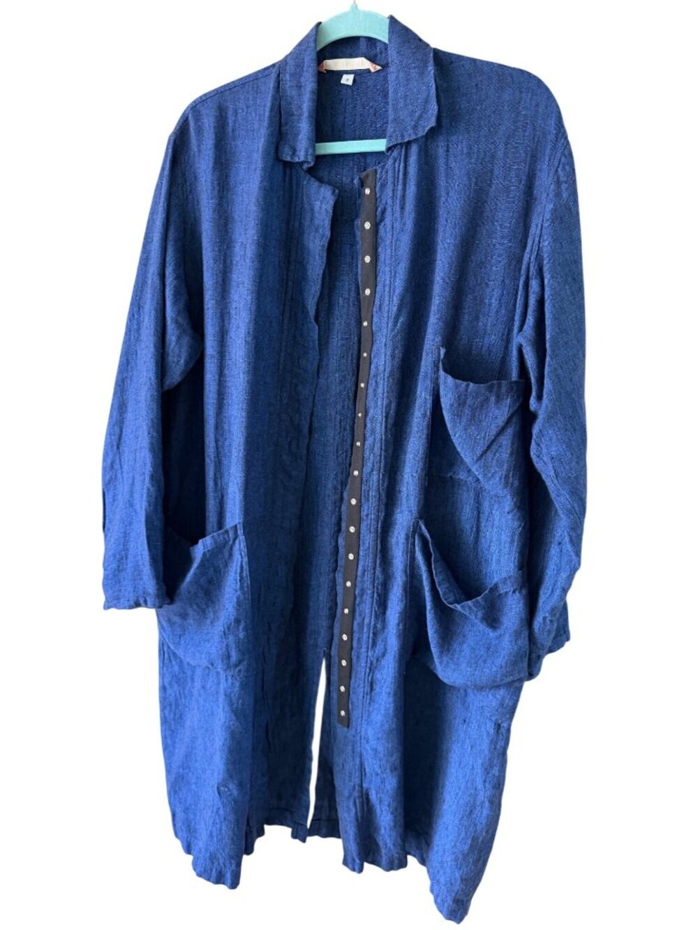 South Street Linen Womens Collared Relaxed Duster Jacket Size S Blue Lagenlook